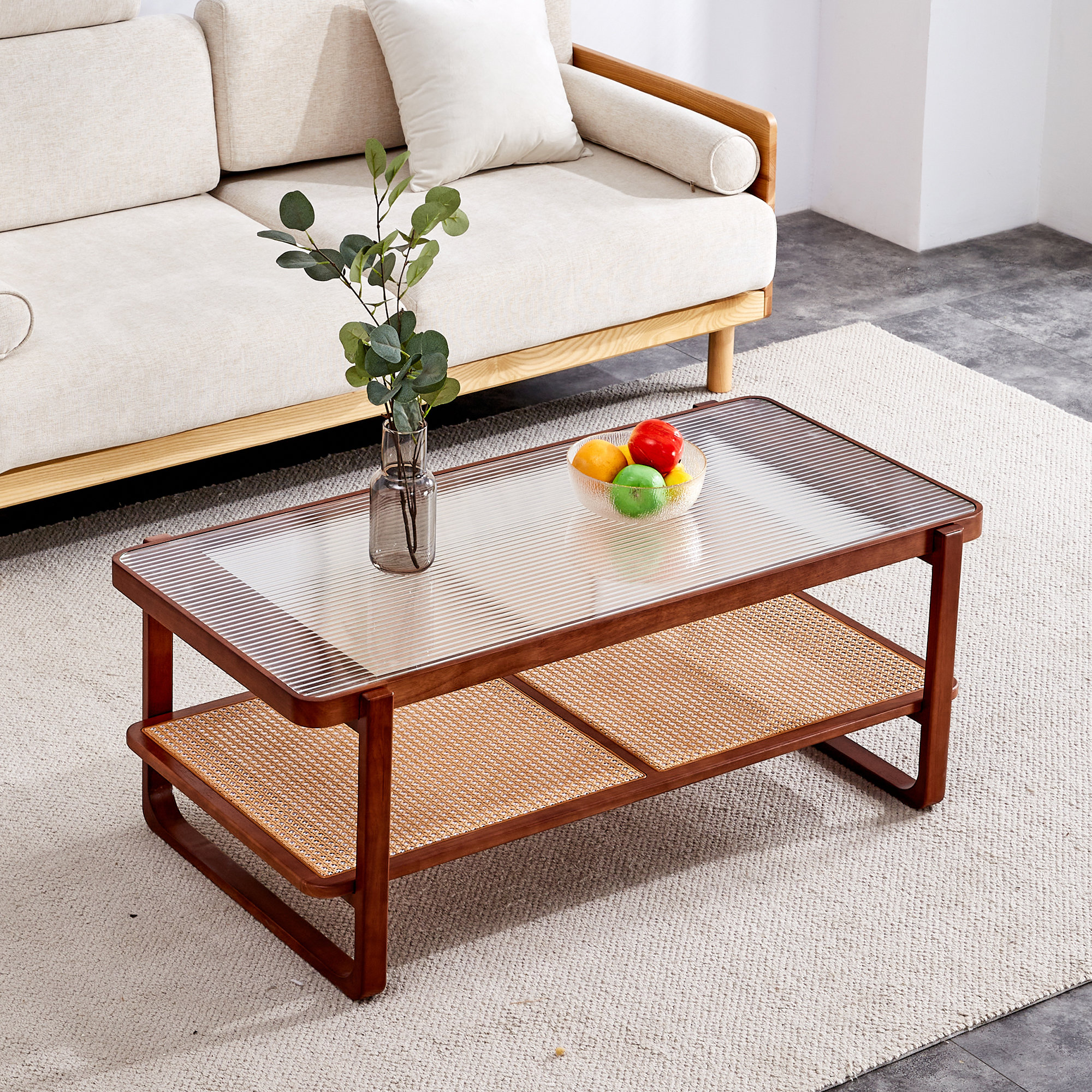 Mittal Sled Glass Top Wood Frame Rattan Coffee Table with Shelf Bay Isle Home Table Base Color Natural